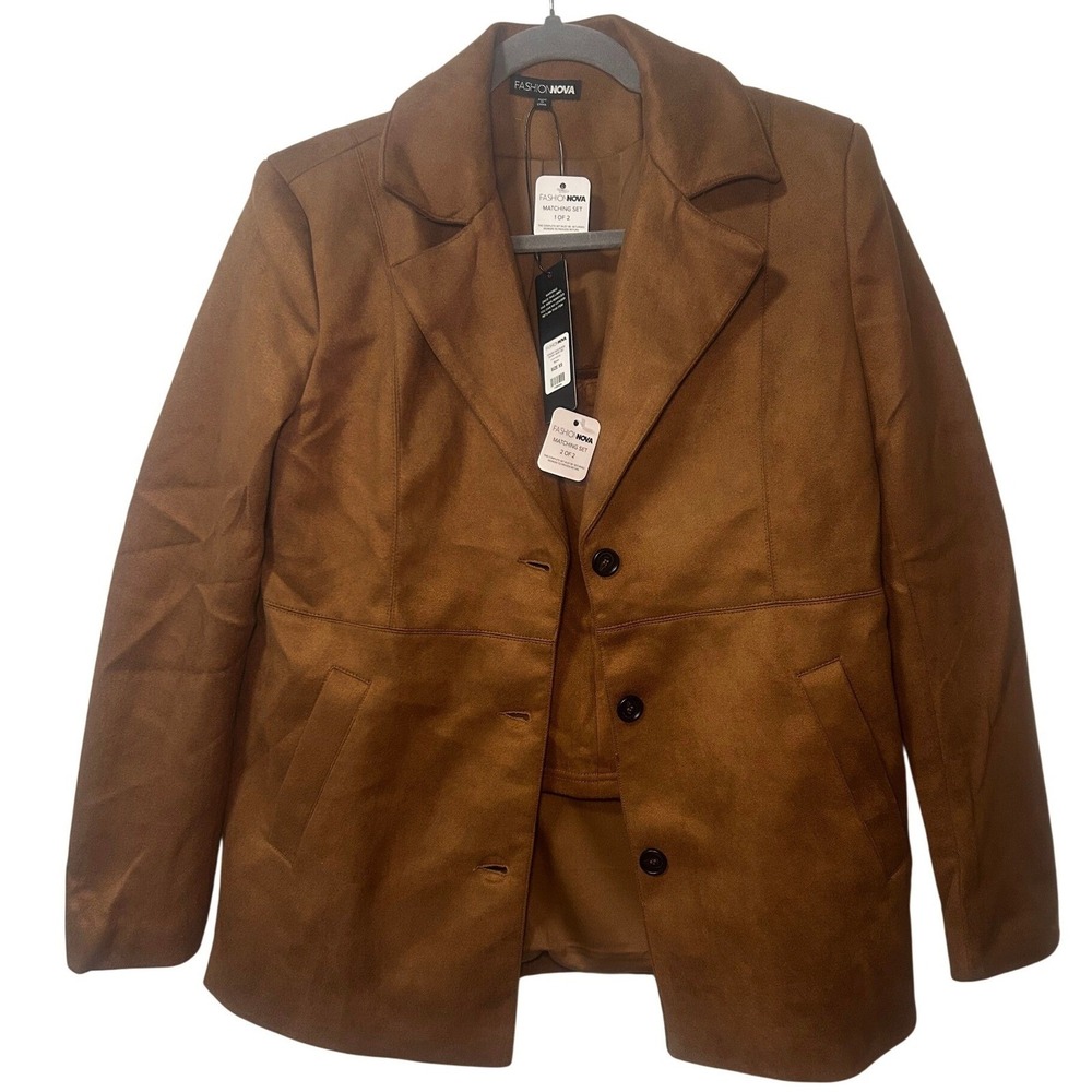 Set Faux Suede Jacket Skirt Set Brown Sz XS Fashion Nova - Picture 3 of 8